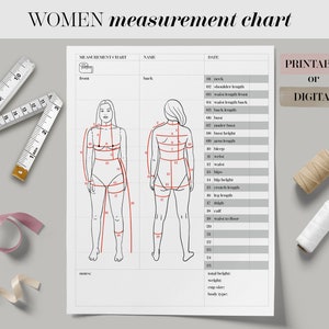 Body Size Chart Printable Digital Women Body Measurement Template, Sewing Size Chart, Body Measurements Tracker,Fillable Fashion Measurement