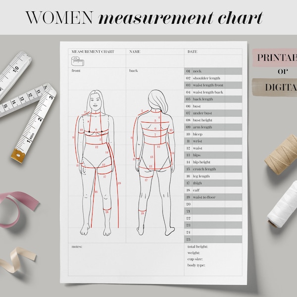 Body Size Chart Printable Digital Women Body Measurement Template, Sewing Size Chart, Body Measurements Tracker,Fillable Fashion Measurement