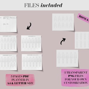 May include: Five pages of printable fashion design templates in PDF format, including a planner page and three transparent PNG files for customization. The templates feature a gridded background and multiple outlines of a human figure in various poses.