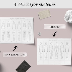 May include: Four pages of printable fashion design templates for sketching tops, bottoms, and dresses. Each page features multiple blank figures with lines for drawing clothing designs.