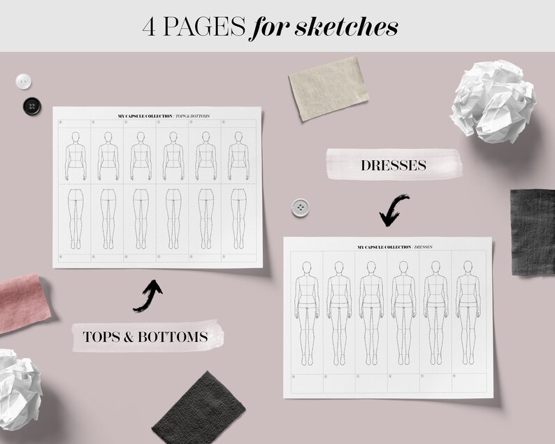 May include: Four pages of printable fashion design templates for sketching tops, bottoms, and dresses. Each page features multiple blank figures with lines for drawing clothing designs.