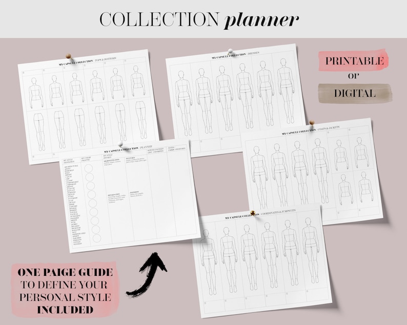 May include: Printable or digital collection planner with fashion figure templates. Includes a one-page guide to define your personal style.