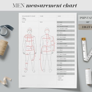 Body Size Chart Printable Digital Men Body Measurement Template, Sewing Size Chart, Body Measurements Tracker, Men Fashion Measurement