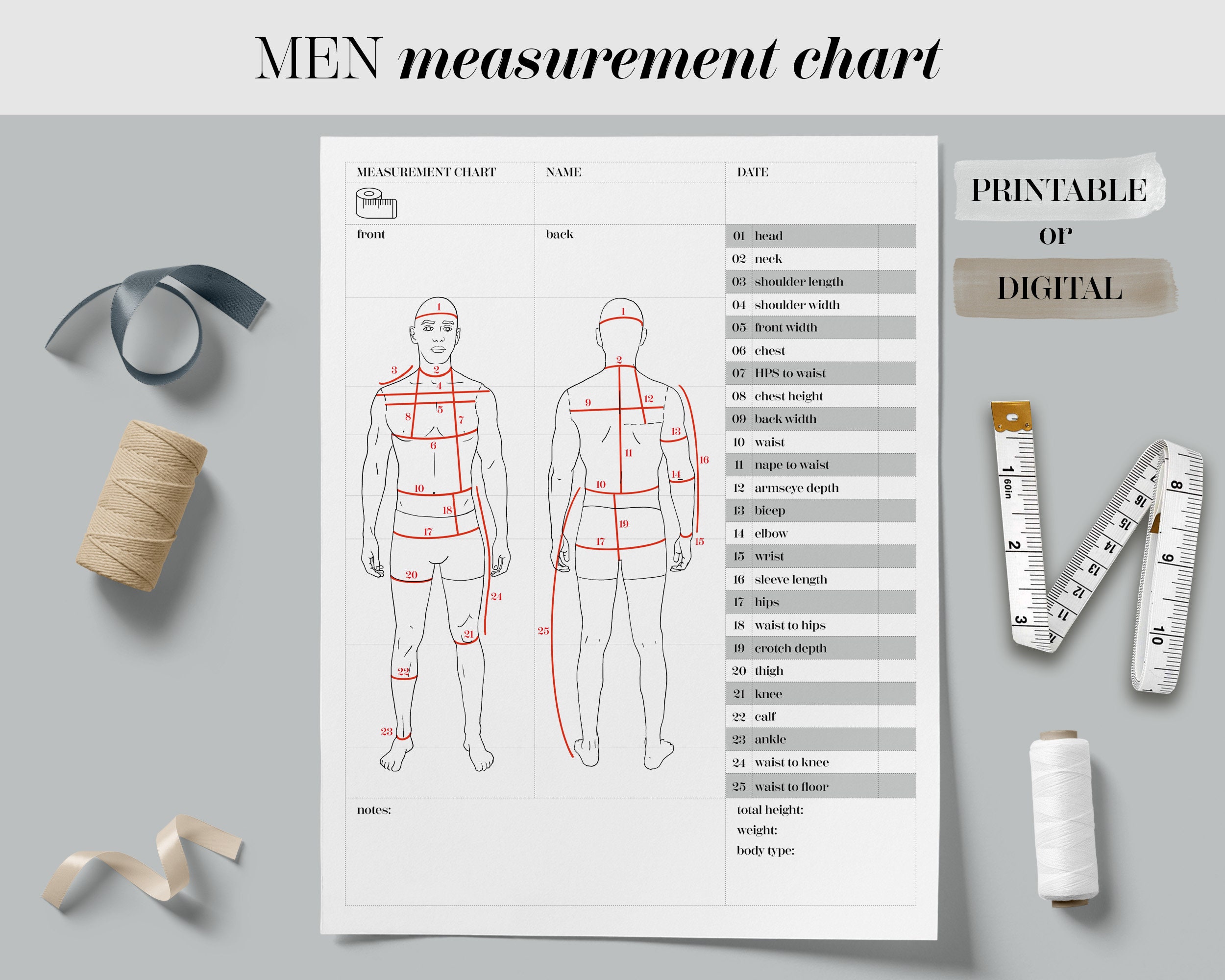 Body Size Chart Printable Digital Men Body Measurement Template Sewing 