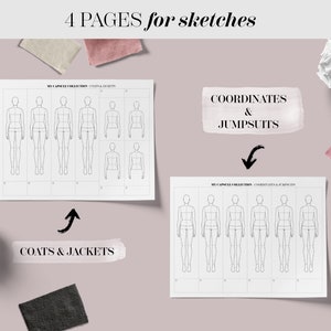 May include: Four pages of printable fashion design templates for sketching clothing designs. The pages are labeled "Coats & Jackets" and "Coordinates & Jumpsuits". Each page features multiple blank fashion figures with grid lines for drawing.