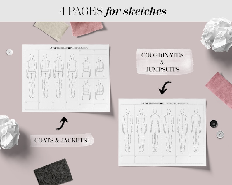 May include: Four pages of printable fashion design templates for sketching clothing designs. The pages are labeled "Coats & Jackets" and "Coordinates & Jumpsuits". Each page features multiple blank fashion figures with grid lines for drawing.