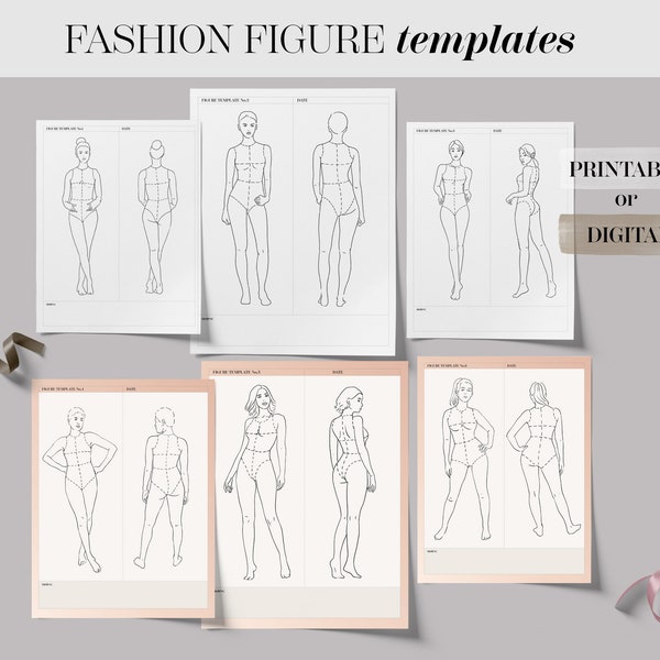 Realistic Body Fashion Figure Printable Template Bundle Set Of 6, Realistic Fashion Figure Croquis Template,Digital Printable Fashion Mockup
