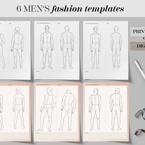 Figura de moda corporal masculina realista modelo para impressão conjunto de 6, modelo de croquis de figura de moda masculina, maquete de moda imprimível para homens