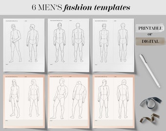 Può includere: Sei modelli di moda stampabili o digitali per disegnare modelli di abbigliamento. Ogni modello presenta una figura maschile in diverse pose, viste frontale e posteriore.