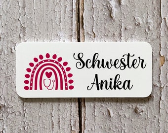 Name badge personalized nurse MFA midwife doctor care made of white plastic with magnet or pin various designs