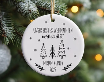 Personalisiertes Weihnachtsbaum Ornament Unser Erstes Weihnachten verheiratet Mann und Frau Ehepaar aus Keramik Baumschmuck Baumanhänger