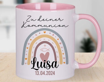 Personalisierte Tasse Zu deiner Kommunion personalisiert mit Vornamen und Datum - Regenbogen Keramiktasse Namenstasse Erstkommunion