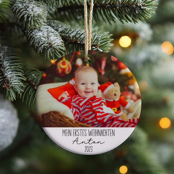 Personalisiertes Weihnachtsbaum Ornament Mein erstes Weihnachten Baby Dein Design Foto Wunschtext Keramik Baumschmuck Baumanhänger