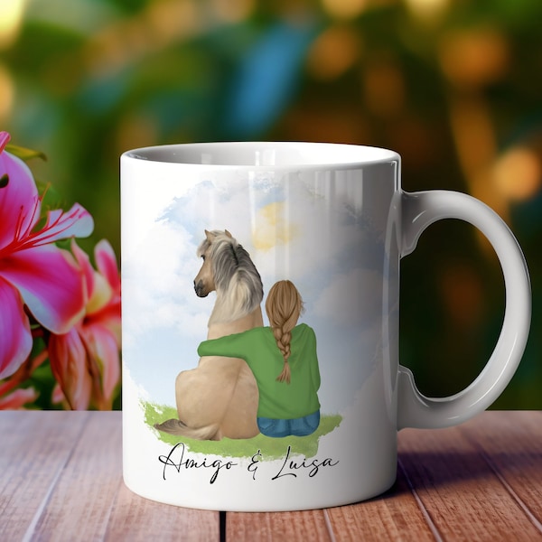 Personalisierte Tasse Thermobecher Mädchen Frau mit ihrem Pferd Pferdemädchen für Reiterin Pferdetasse personalisierbar Keramiktasse Tumbler