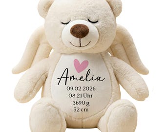 Guardian Angel Bear Personalized Stuffed Animal Baby Gift Birth Christening Birthday Plush Toy Name