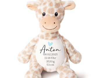 May include: A plush giraffe toy in tan and cream colors, with a white belly. The belly features the name "Anton", a blue heart, date, time, weight, and height. The giraffe has a smiling face and is on a white background.