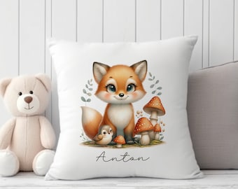 Kissen personalisiert mit Vornamen niedlicher Fuchs - Kissenbezug bedruckt 40x40 cm personalisierbar mit Füllung Geschenkidee Mädchen Junge