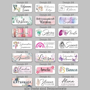 Könnte beinhalten: Ein Set mit 42 farbenfrohen Designs für Namensschilder, die verschiedene Berufe und Themen abbilden. Die Designs beinhalten Bilder von Schmetterlingen, Regenbögen, Herzen und anderen dekorativen Elementen. Der Text auf den Schildern beinhaltet die Wörter "Hebamme", "Krankenschwester", "Schwester", "Pflegefachkraft", "Betreuungskraft", "Genensungsbegleitung", "Azubi" und mehr.