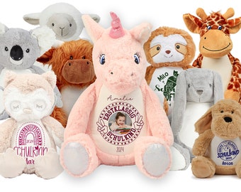 Einschulung Schulstart Schulbeginn 1. Klasse Personalisiertes Kuscheltier Plüschtier Geschenk personalisierbar Namen Foto