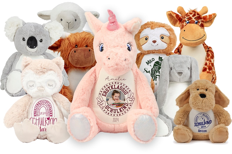 Einschulung Schulstart Schulbeginn 1. Klasse Personalisiertes Kuscheltier Plüschtier Geschenk personalisierbar Namen Foto Bild 1