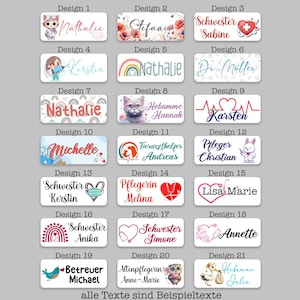Könnte beinhalten: Eine Sammlung von 21 verschiedenen Namensschild-Designs mit verschiedenen Berufen und Themen. Die Designs beinhalten eine Krankenschwester, einen Arzt, einen Lehrer, einen Tierarzt, einen Betreuer und vieles mehr. Jedes Design verfügt über eine farbenfrohe Illustration und Platz für einen Namen.