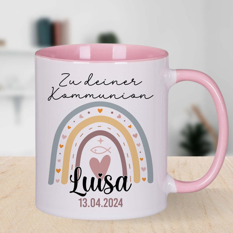 Personalisierte Tasse Zu deiner Kommunion personalisiert mit Vornamen und Datum Regenbogen Keramiktasse Namenstasse Erstkommunion Bild 1