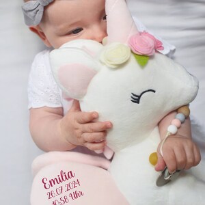 Pu&ograve; includere: Un giocattolo di peluche a forma di unicorno bianco con orecchie rosa, un corno rosa e una corona di fiori. L'unicorno ha una toppa rosa sul fianco con il testo "Emilia 26.07.2024 10:58 Uhr". Un bambino tiene l'unicorno.