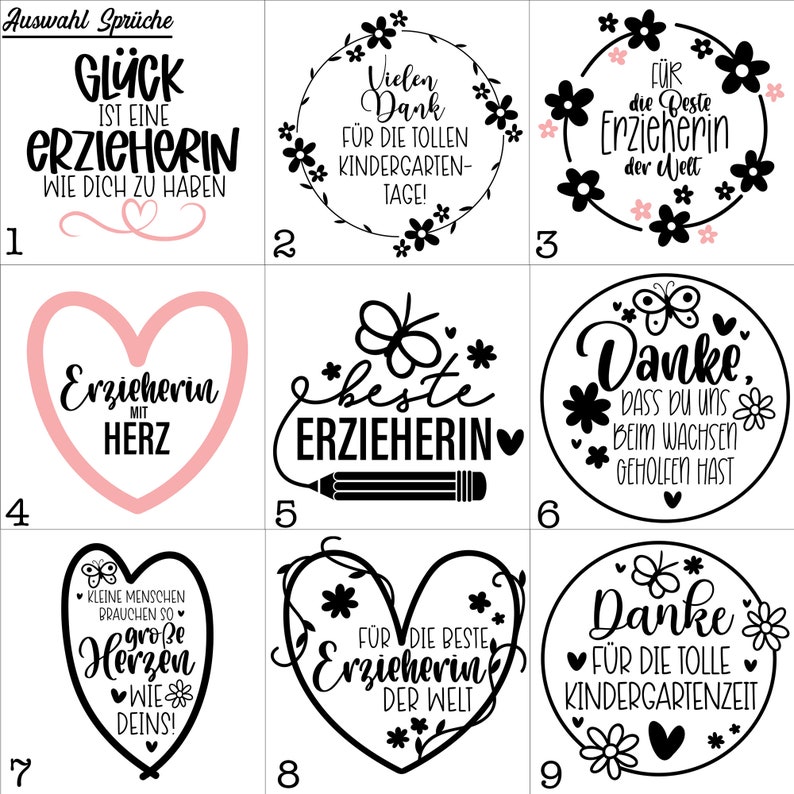 May include: Nine black and white printable designs for a teacher appreciation gift. The designs feature hearts, butterflies, flowers, and pencils with text such as "Gl&uuml;ck ist eine Erzieherin wie dich zu haben", "Beste Erzieherin", and "Danke f&uuml;r die tolle Kindergartenzeit".