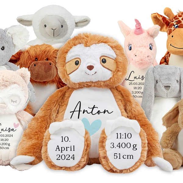 Personalisiertes Kuscheltier Baby Geschenk zur Geburt Taufe Geburtstag Plüschtier Geschenk personalisierbar Namen Geburtsdatum Gewicht