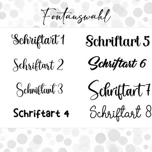 Pu&ograve; includere: Un cartoncino bianco con testo nero che mostra otto diversi stili di font etichettati da "Schriftart 1" a "Schriftart 8". Il cartoncino &egrave; intitolato "Fontauswahl".