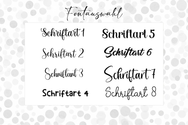 Pu&ograve; includere: Un cartoncino bianco con testo nero che mostra otto diversi stili di font etichettati da "Schriftart 1" a "Schriftart 8". Il cartoncino &egrave; intitolato "Fontauswahl".