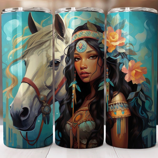 Thermobecher Indianer Mädchen mit Pferd Boho Edelstahl Tumbler 590 ml mit Strohhalm - 20 oz - personalisierbar