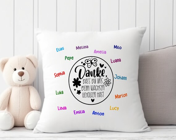 Kissen Erzieherin Abschied Kindergarten Kiga Kita personalisiert Namen Kissenbezug bedruckt 40x40 cm personalisierbar Geschenkidee