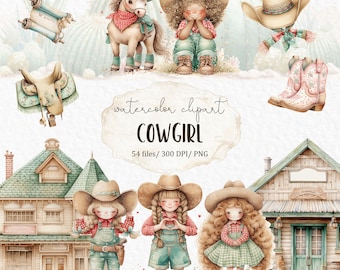 Cowgirl Watercolor Clipart, Western Girl PNG, Cute Ranch Horse Boots Hat, Country Birthday Baby Shower Clipart #w32