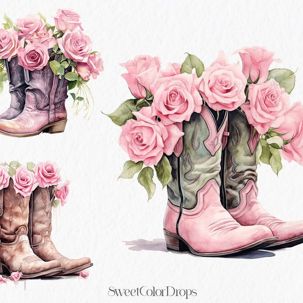 Flower cowboy boots watercolor clipart PNG - barn wedding country girl texas floral cowgirl wild west western #c148