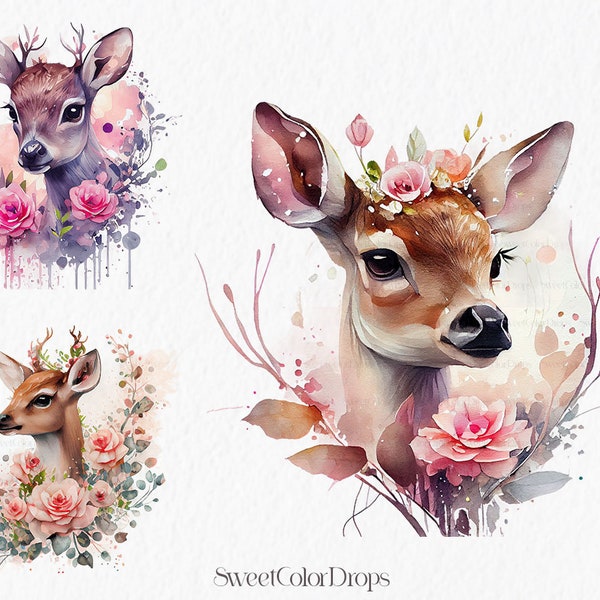 Floral deer watercolor clipart PNG - portrait deer with flowers animal deer head forest animals scrapbooking botanical sublimation #c93