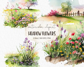 Clipart di prato fiorito PNG, paesaggio di giardino primaverile, scena di campo in campagna, bordo di erba fiorita, illustrazione naturalistica estiva #c83