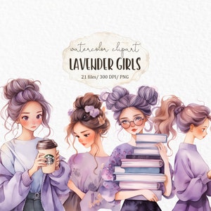 Watercolor purple fashion girl - planner girl clipart lavender png cute girl digital stickers cozy reading aesthetic junk journal #w28