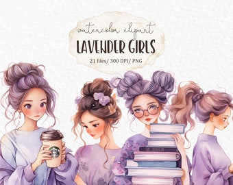Watercolor purple fashion girl - planner girl clipart lavender png cute girl digital stickers cozy reading aesthetic junk journal #w28