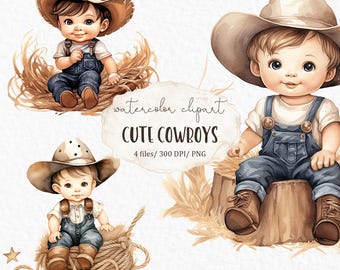 Cute cowboys watercolor clipart PNG - country boy wild west western farm nursery decor cute boy farmhouse countryside kids #c143