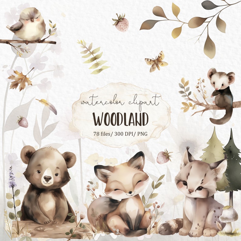 Puede incluir: Conjunto de clipart de acuarela con animales del bosque, incluyendo un oso, un zorro, un lince y un p&aacute;jaro. El conjunto tambi&eacute;n incluye hojas, bayas y una mariposa. El texto "watercolor clipart WOODLAND 78 files / 300 DPI / PNG" est&aacute; incluido en la imagen.