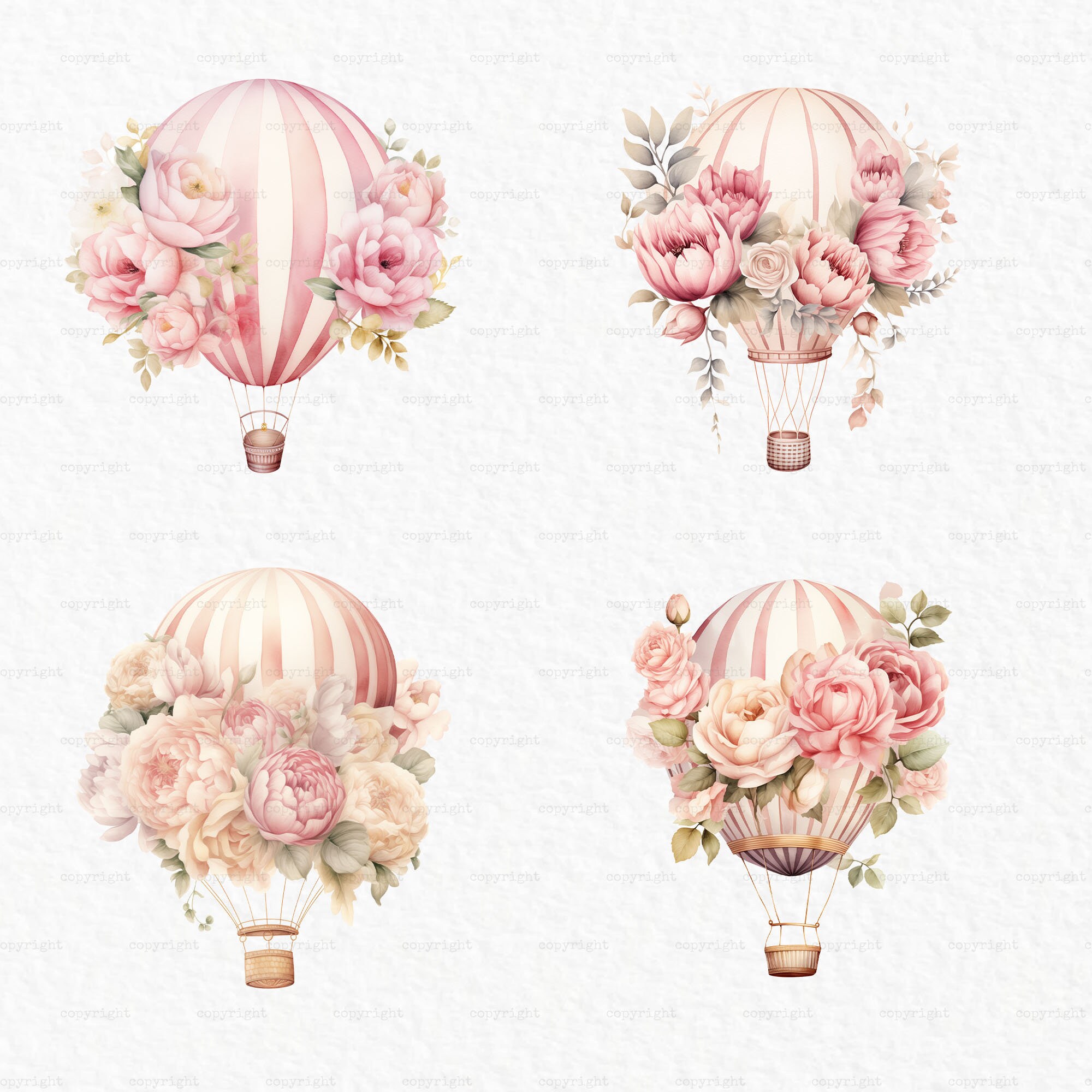 Hot Air Balloons Watercolor Clipart, Floral Balloon PNG, Baby Shower ...