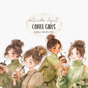 Cozy coffee girl watercolor clipart PNG #w57