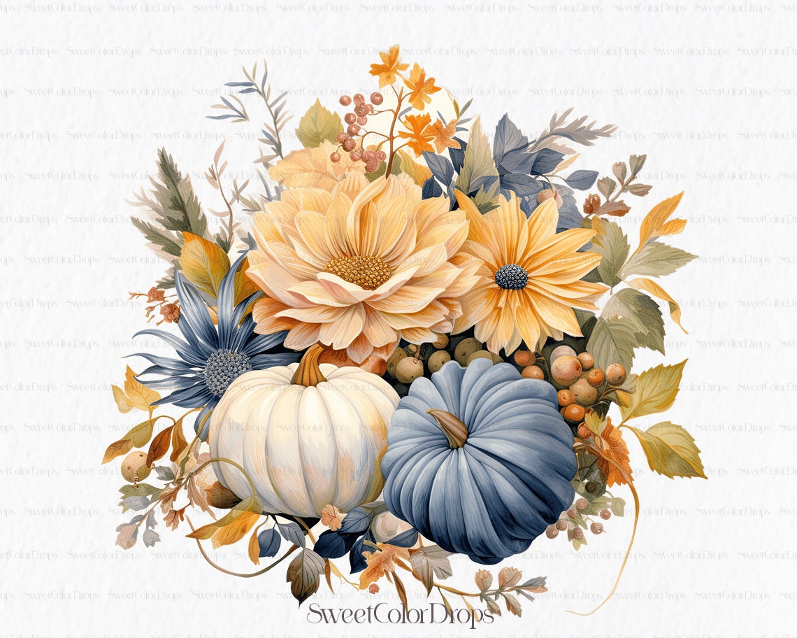 Floral Pumpkin Watercolor Clipart PNG - White Blue Orange Pumpkin Fall ...