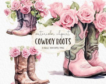 May include: Watercolor clipart of three pairs of cowboy boots with pink roses. The boots are in different styles and colors, including brown, pink, and purple. The roses are pink and have green leaves. The text "watercolor clipart COWBOY BOOTS 3 files/ 300 DPI/ PNG" is on a white background.