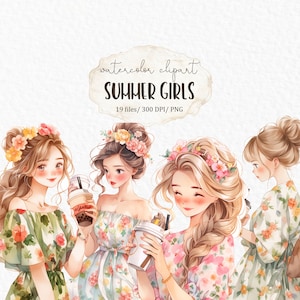 Summer girl clipart PNG - coffee girl kawaii planner girl flower watercolor clipart planner stickers digital planner fashion #w30