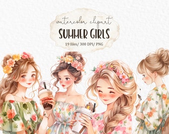 Summer girl clipart PNG - coffee girl kawaii planner girl flower watercolor clipart planner stickers digital planner fashion #w30