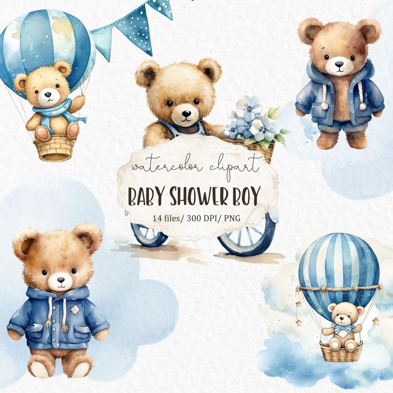 Baby Shower Boy Clipart PNG - Gender Reveal Blue Teddy Bear Hot Air ...