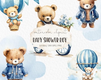 Baby Shower Boy Watercolor Clipart, Blue Teddy Bear PNG, Cute Bear Balloon Nursery Clipart, Baby Boy Invitation   #c381
