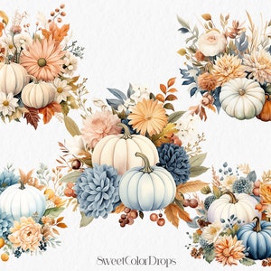 Floral pumpkin watercolor clipart PNG - white blue orange pumpkin fall thanksgiving autumn flowers arrangement floral #c105